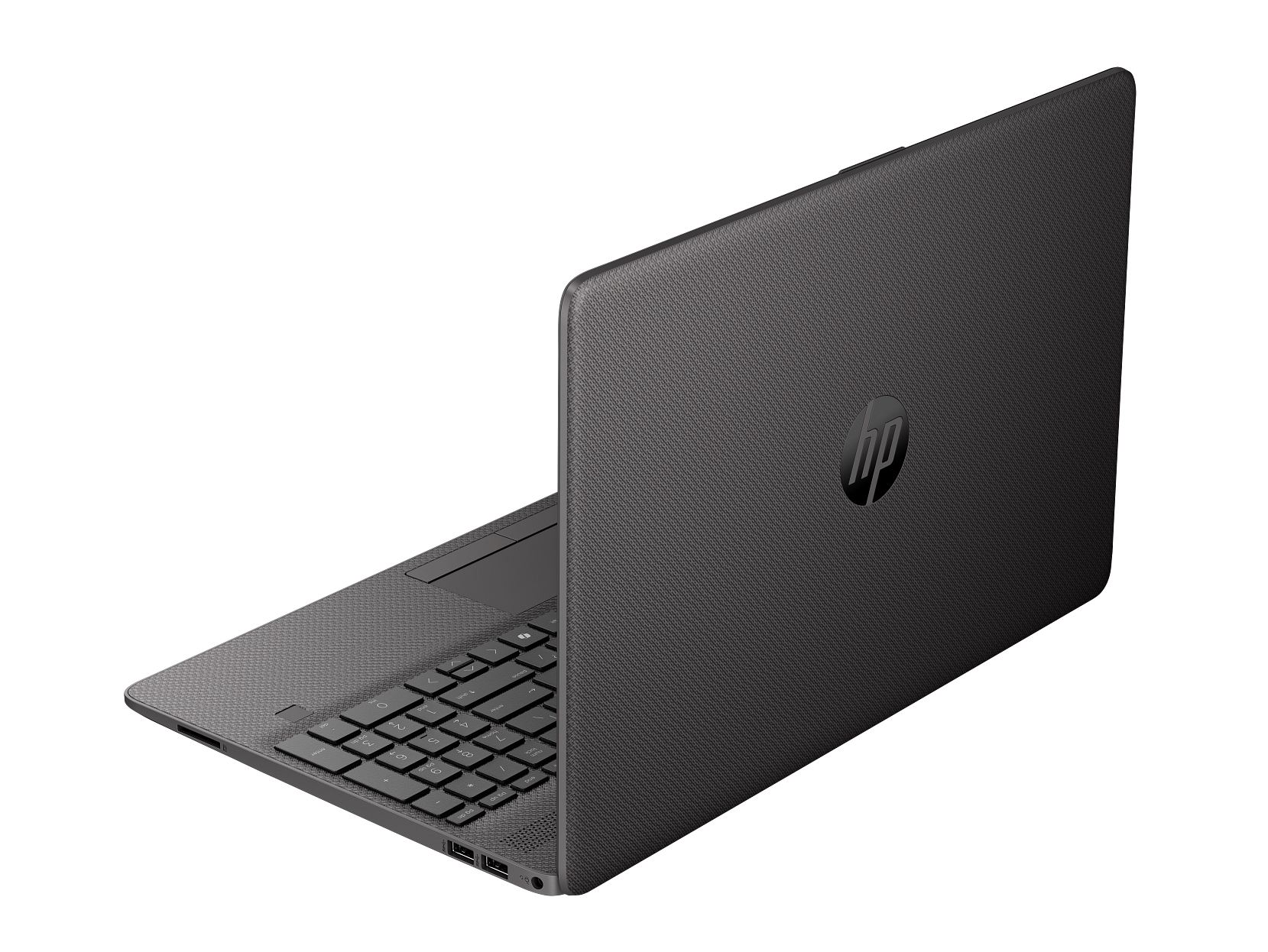 HP 250R G9 15.6-inch laptop in Dark Ash shown from the back profile on a white background.
